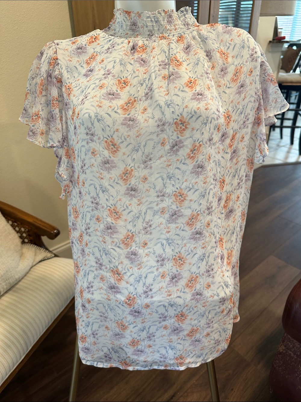 1.state Women's Floral Short-Sleeve Blouse - White with Peach & Lavender Floral